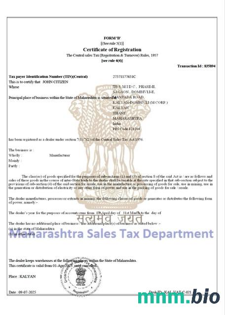 Indie Maharashtra certyfikat rejestracji podatnika Word i PDF szablon